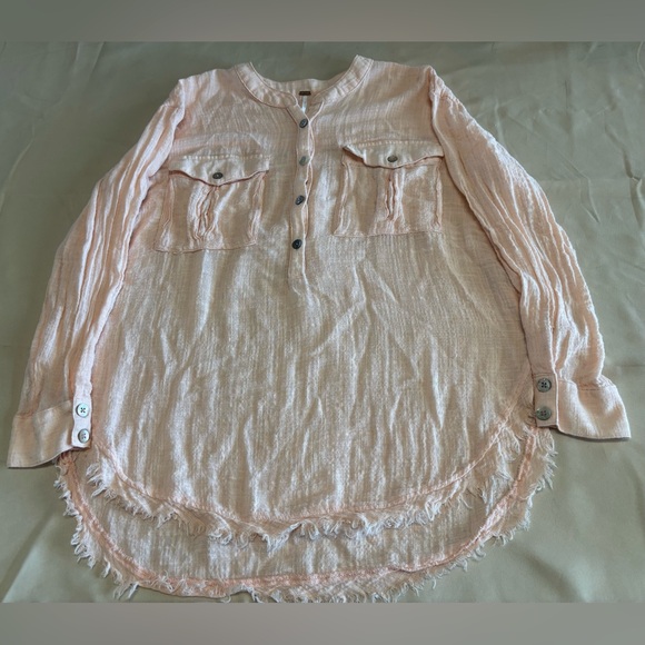 Free People Light Peach Button-Down Tunic Shirt with Fray - Picture 11 of 16